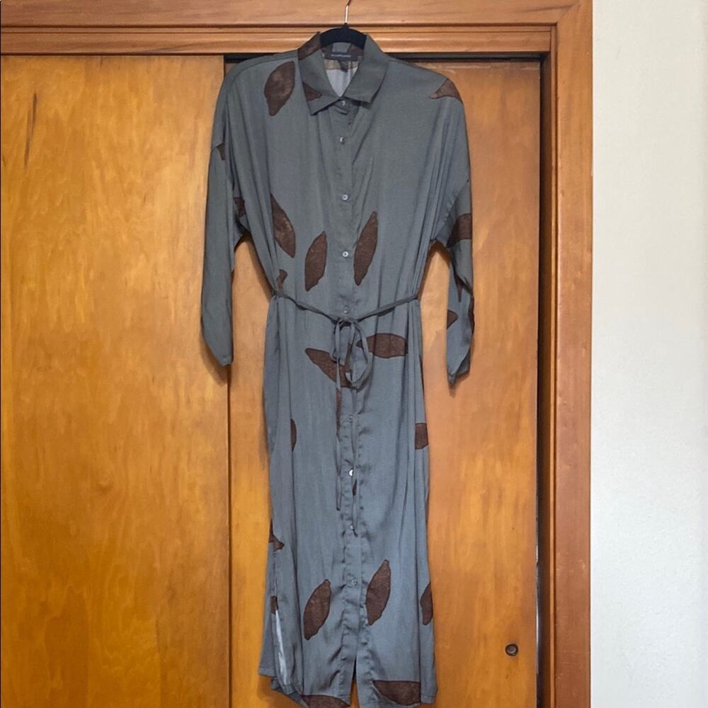 Grade & Gather Gray Brown Leaves Pattern 3/4 Sleeve Button Shirt Dress Belt - S